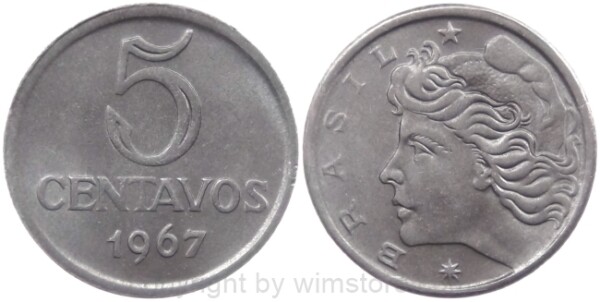 Brasilien, 5 Centavos 1967, KM 577.1, Stahl
