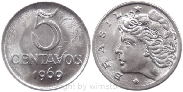 Brasilien, 5 Centavos 1969 und 1975, KM 577.2, Stahl, st