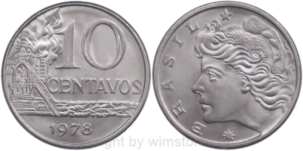 Brasilien, 10 Centavos, 1974 - 1979, KM 578.1a, Stahl