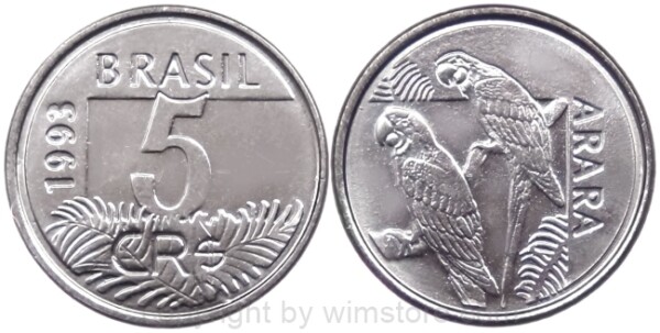 Brasilien, 5 Cruzeiros Reais 1993, 1994, KM 627, Stahl