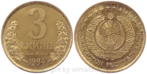 Usbekistan, 3 Tiyin 1994, KM 2.2, Stahl - Messing beschichtet