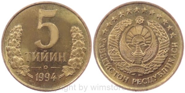Usbekistan, 5 Tiyin 1994, KM 3.2, Stahl - Messing beschichtet
