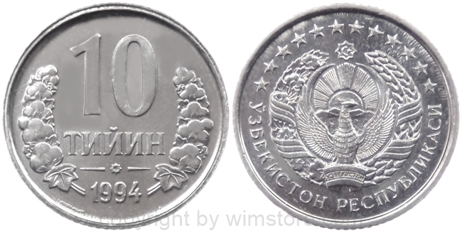 Usbekistan, 10 Tiyin 1994, KM 4.1, Stahl vernickelt