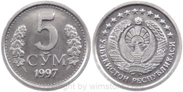 Usbekistan, 5 Som 1997 - 1999, KM 9, Stahl vernickelt