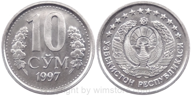 Usbekistan, 10 Som 1997 - 2000, KM 10, Stahl vernickelt