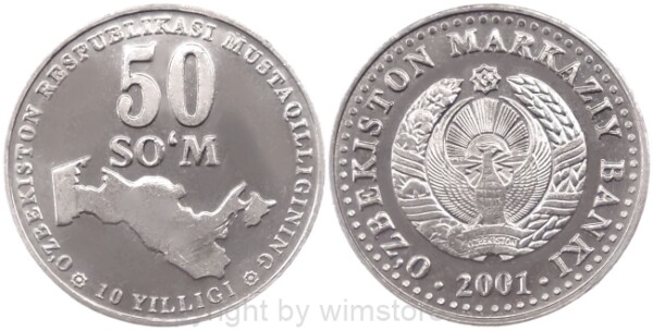 Usbekistan, 50 Som 2001, KM 15, Stahl vernickelt