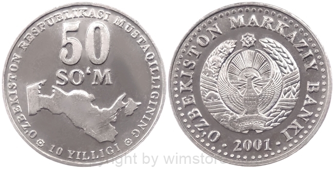 Usbekistan, 50 Som 2001, KM 15, Stahl vernickelt