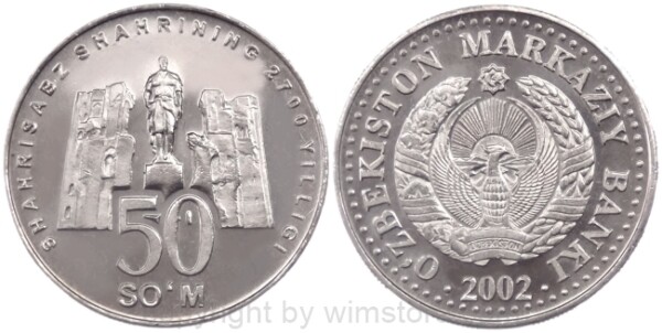 Usbekistan, 50 Som 2002, KM 16, Stahl vernickelt