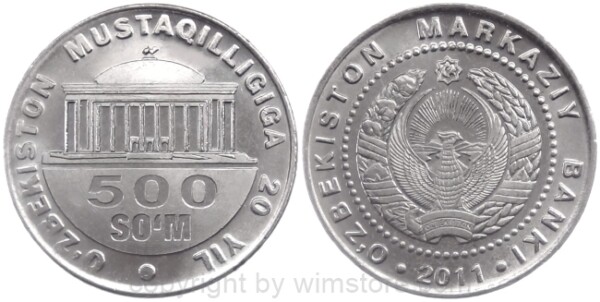 Usbekistan, 500 Som 2011, 20 Jahre Unabhängigkeit, Var. b zu KM 34.2, Ku/Ni