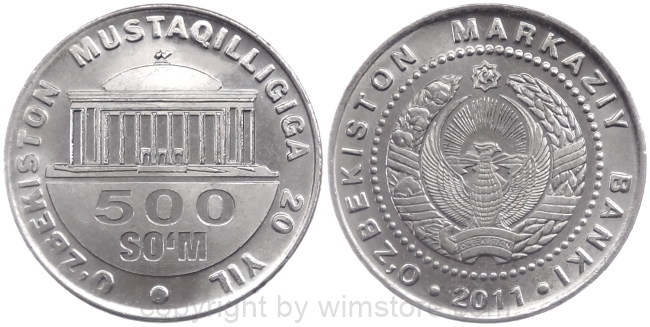 Usbekistan, 500 Som 2011, 20 Jahre Unabhängigkeit, Var. b zu KM 34.2, Ku/Ni