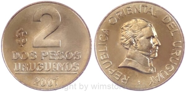 Uruguay, 2 Pesos Uruguayos 1998, 2007, KM 104.2, Alu/Bro