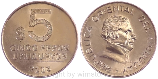 Uruguay, 5 Pesos Uruguayos 2003, KM 120.1, Alu/Bro