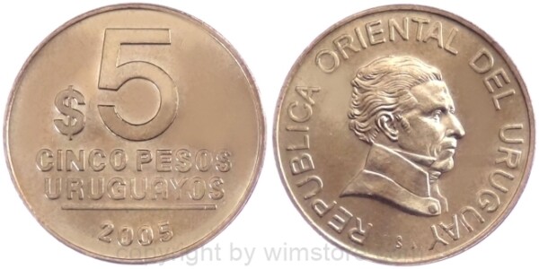 Uruguay, 5 Pesos Uruguayos 2005, 2008, KM 120.2, Alu/Bro