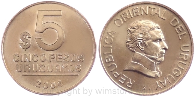 Uruguay, 5 Pesos Uruguayos 2005, 2008, KM 120.2, Alu/Bro