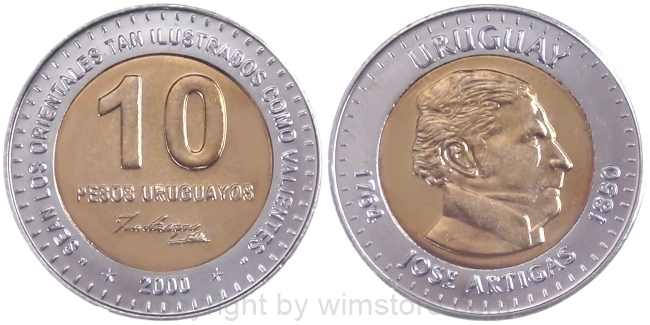 Uruguay, 10 Pesos Uruguayos 2000, KM 121(rcm), Alu/Bro