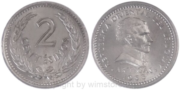 Uruguay, 2 Centesimos 1953, KM 33, Ku/Ni
