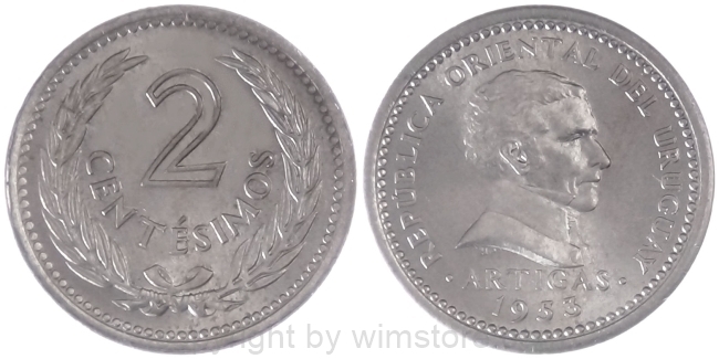 Uruguay, 2 Centesimos 1953, KM 33, Ku/Ni