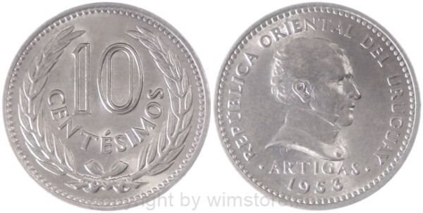 Uruguay, 10 Centesimos 1953, 1959, KM 35, Ku/Ni
