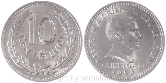 Uruguay, 10 Centesimos 1953, 1959, KM 35, Ku/Ni
