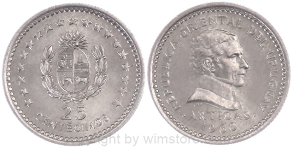 Uruguay, 25 Centesimos 1960, KM 40, Ku/Ni