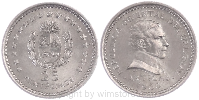 Uruguay, 25 Centesimos 1960, KM 40, Ku/Ni