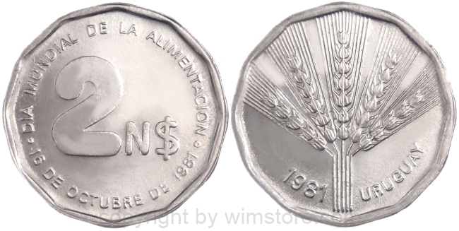 Uruguay, 2 Nuevo Pesos 1981, KM 77, Ku/Ni/Zink