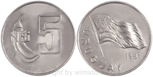 Uruguay, 5 Nuevos Pesos 1980, 1981, KM 75, Ku/Ni/Zink