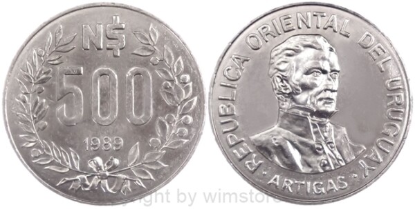 Uruguay, 500 Nuevos Pesos 1989, Jose Gervasio Artigas, KM 98, Ku/Ni