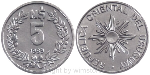 Uruguay, 5 Nuevos Pesos 1989, KM 92, Stahl