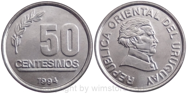 Uruguay, 50 Centesimos 1994, 1998, 2002, 2005, 2008, KM 106, Stahl