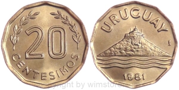 Uruguay, 20 Centesimos 1976, 1977, 1978, 1981, KM 67, Alu/Bro