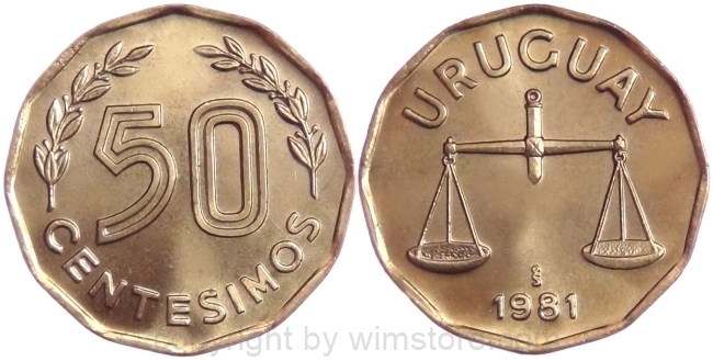 Uruguay, 50 Centesimos 1976, 1977, 1981, KM 68, Alu/Bro