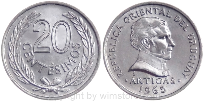 Uruguay, 20 Centesimos 1965, KM 44, Aluminium
