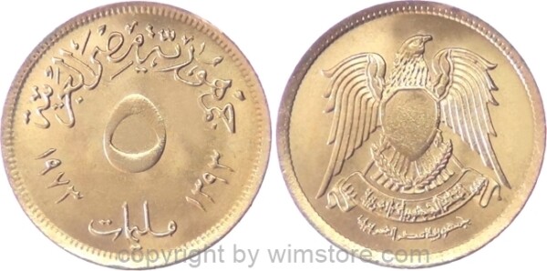 Ägypten, 5 Milliemes 1973, KM 432, Messing