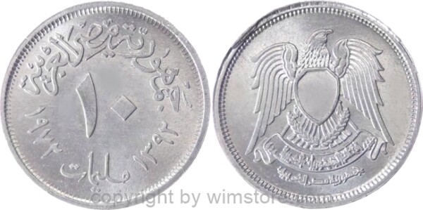 Ägypten, 10 Milliemes 1972, Randschrift ohne Rosetten und 1 - 9 - 4, KM A426b, Aluminium