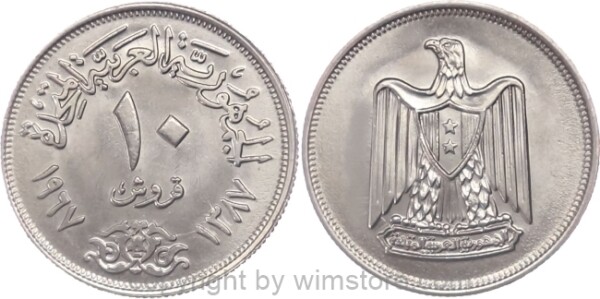 Ägypten, 10 Piastres 1967, KM 413, Ku/Ni