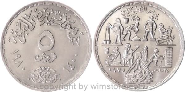 Ägypten, 5 Piastres 1980, Altägyptische Berufe - Handwerk, KM 501, Ku/Ni