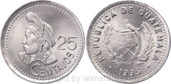 Guatemala, 25 Centavos 1985 - 1995, KM 278.5, Ku/Ni