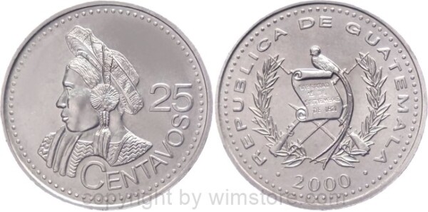 Guatemala, 25 Centavos 1996 - 2000, KM 278.6, Ku/Ni