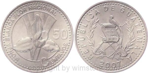 Guatemala, 50 Centavos 1998, 2001, 2007, KM 283, Nickel/Messing