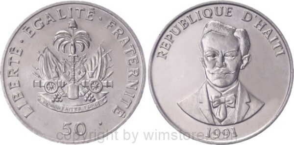 Haiti, 50 Centimes 1986, 1989, 1991, KM 153, Ku/Ni