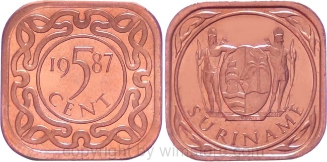Suriname, 5 Cents 1987 - 1989, KM 12.1b, Stahl verkupfert