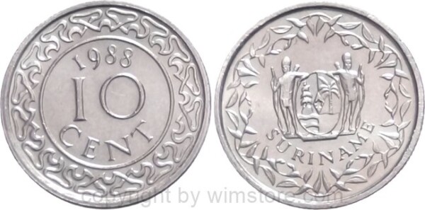 Suriname, 10 Cents 1987 - 1989, KM 13a, Stahl vernickelt