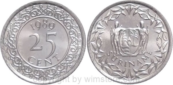 Suriname, 25 Cents 1987 - 1989, KM 14a, Stahl vernickelt