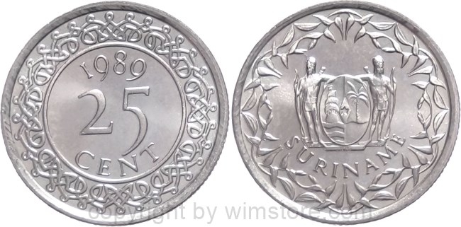 Suriname, 25 Cents 1987 - 1989, KM 14a, Stahl vernickelt