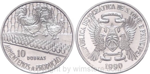 St. Thomas & Prince Is., 10 Dobras 1990, FAO, KM 29a, Stahl - Ku/Ni beschichtet