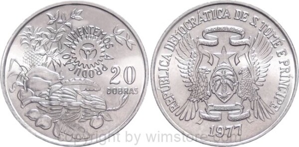 St. Thomas & Prince Is., 20 Dobras 1977, FAO, KM 30, Stahl - Ku/Ni beschichtet