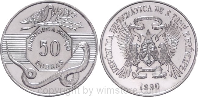 St. Thomas & Prince Is., 50 Dobras 1990, FAO, KM 52, Stahl - Ku/Ni beschichtet
