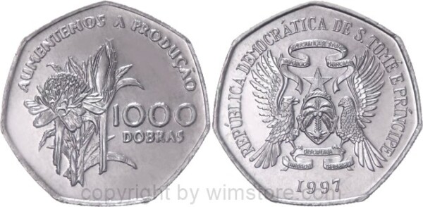 St. Thomas & Prince Is., 1000 Dobras 1997, FAO, KM 90, Chromstahl