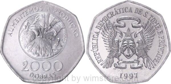 St. Thomas & Prince Is., 2000 Dobras 1997, FAO, KM 91, Chromstahl